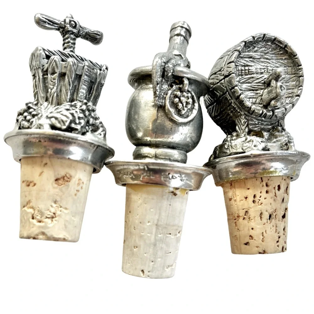 3 Vintage Solid Pewter Wine Stoppers Vineyard Inspired Barrel, Press, & Bucket